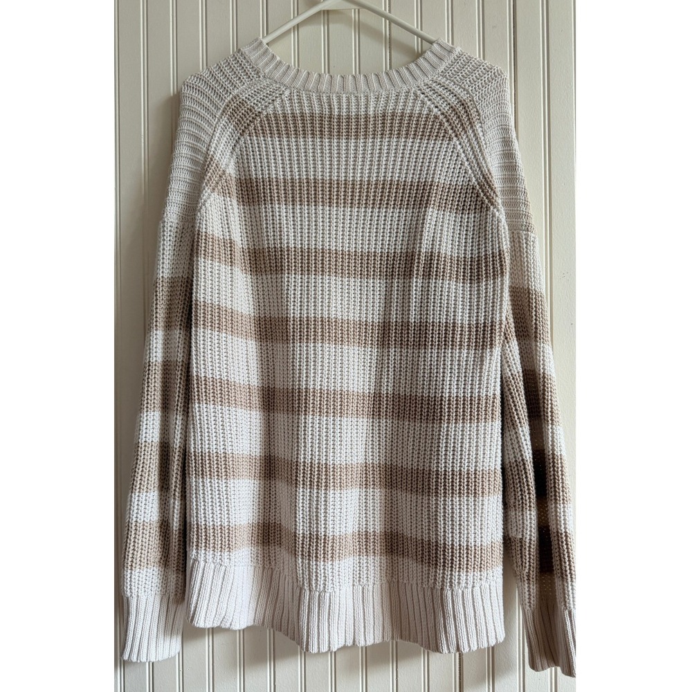 American Eagle Striped Shaker Knit Sweater Tan Cream Oversized Crewneck Medium - Picture 2 of 7